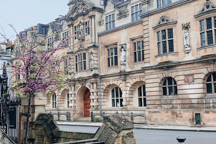 Historic building on St Mary's Passage with ornate stonework and spring blossoms.