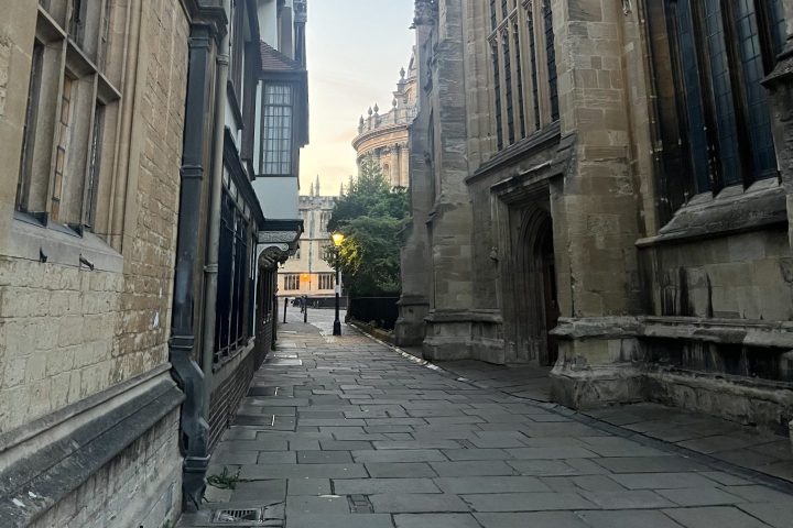 Stone pathway between historic buildings with tall windows and intricate architecture under a clear sky.