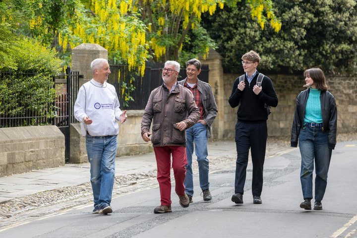 Five people walking and talking on a tree-lined street.