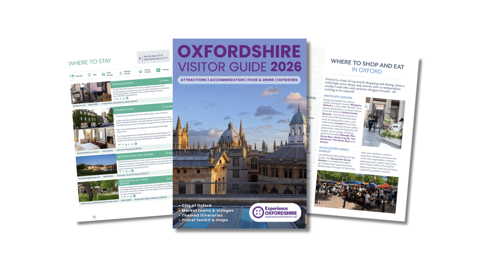 Oxfordshire Visitor Guide 2026 cover and pages showing lodging and shopping options.