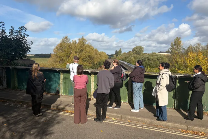 People on a bridge looking at a scenic view with trees and clouds.